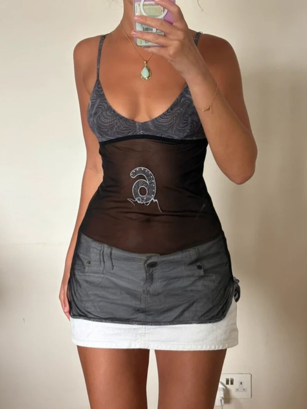 Sheer Black Mesh Tank Top with Gray Accents